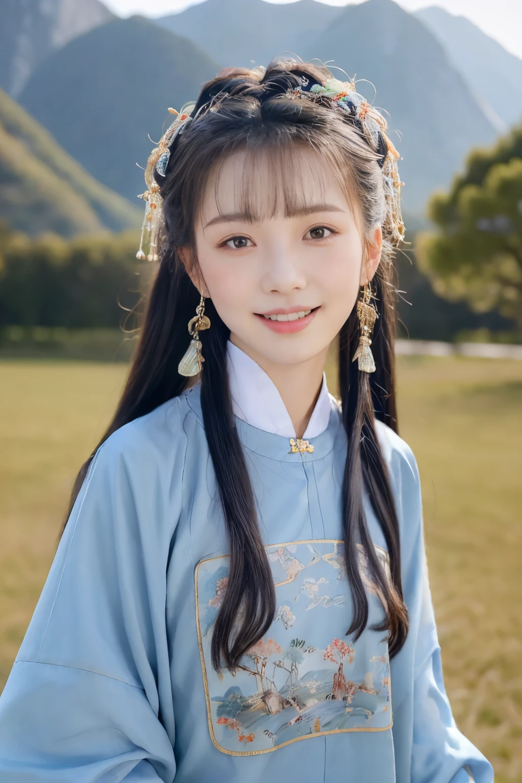 Best quality at best,tmasterpiece, 超高分辨率, (photo-realistic:1.4), 8K original photos, A high resolution, Ancient Chinese Hanfu, mingstyleoutfits, Beautiful pattern, Embroidery, beautiful eyes in detail, detailed skin textures, long eyelasher, RAW photogr, face to the viewer, The upper part of the body, Close-up Shot Shot, ((( Landscape background))),(((1girll))),独奏, ssmile, Beautiful hairstyle,No action