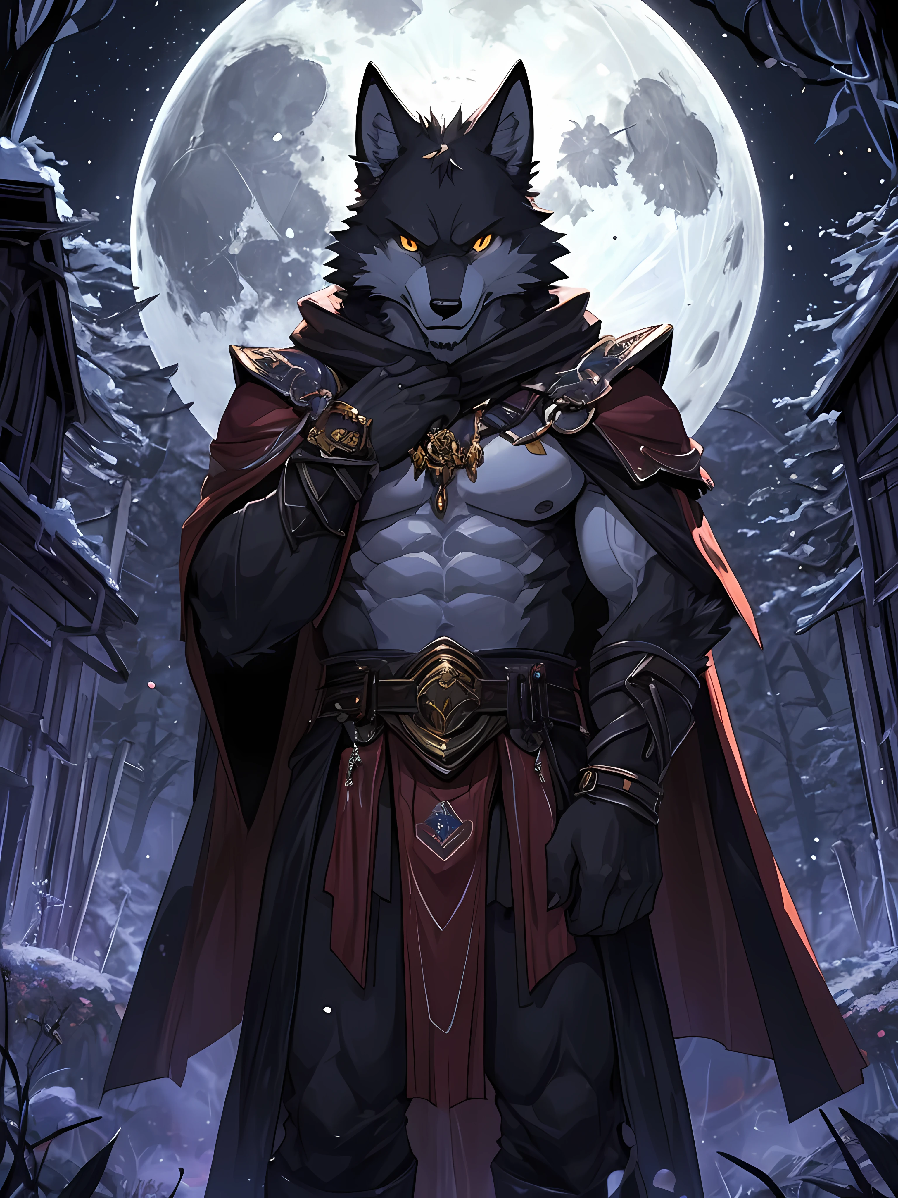 black wolf demon,Dark yellow eyes,red irises,Have muscles,Wearing a black robe with gold patterns,Raise your hands to belly level.,There was a ball of black light in his hand.,Behind is a forest.,dark,Scary,His eyes were fierce and mysterious.,staring at the viewer,The moon behind is dark red.,Perfect body details,HDR,backlit