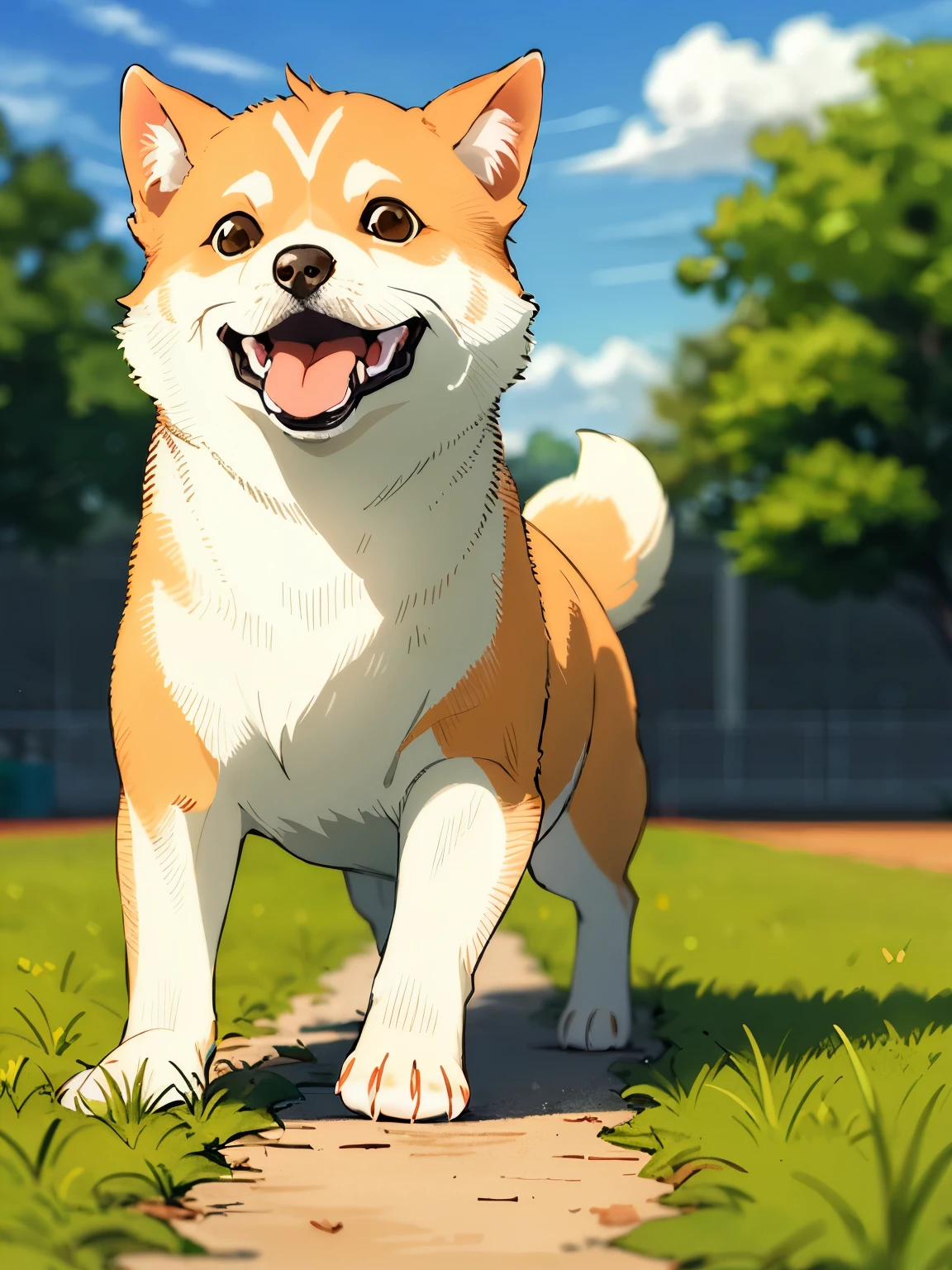 A small dog is running in the grass with its mouth open, shibu inu, shiba inu, shiba inu dog, doge, Japan dog, anthropomorphic Shiba Inu, shiba inu face, puppy, cute dog, by Shiba Kōkan, shiba inu holding a baseball bat, ah