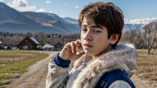 masterpiece,best quality,ultra-detailed,high resolution,extremely detailed,solo,fantasy,wolf beastman,boy,11-year-old boy,(straight, shorthair),blue eyes,cute face,furry,grey fur,fluffy neck hair,(adventure clothes, brown), barefoot, ultra-detailed fur,( five-fingered), big picture, outside, village,