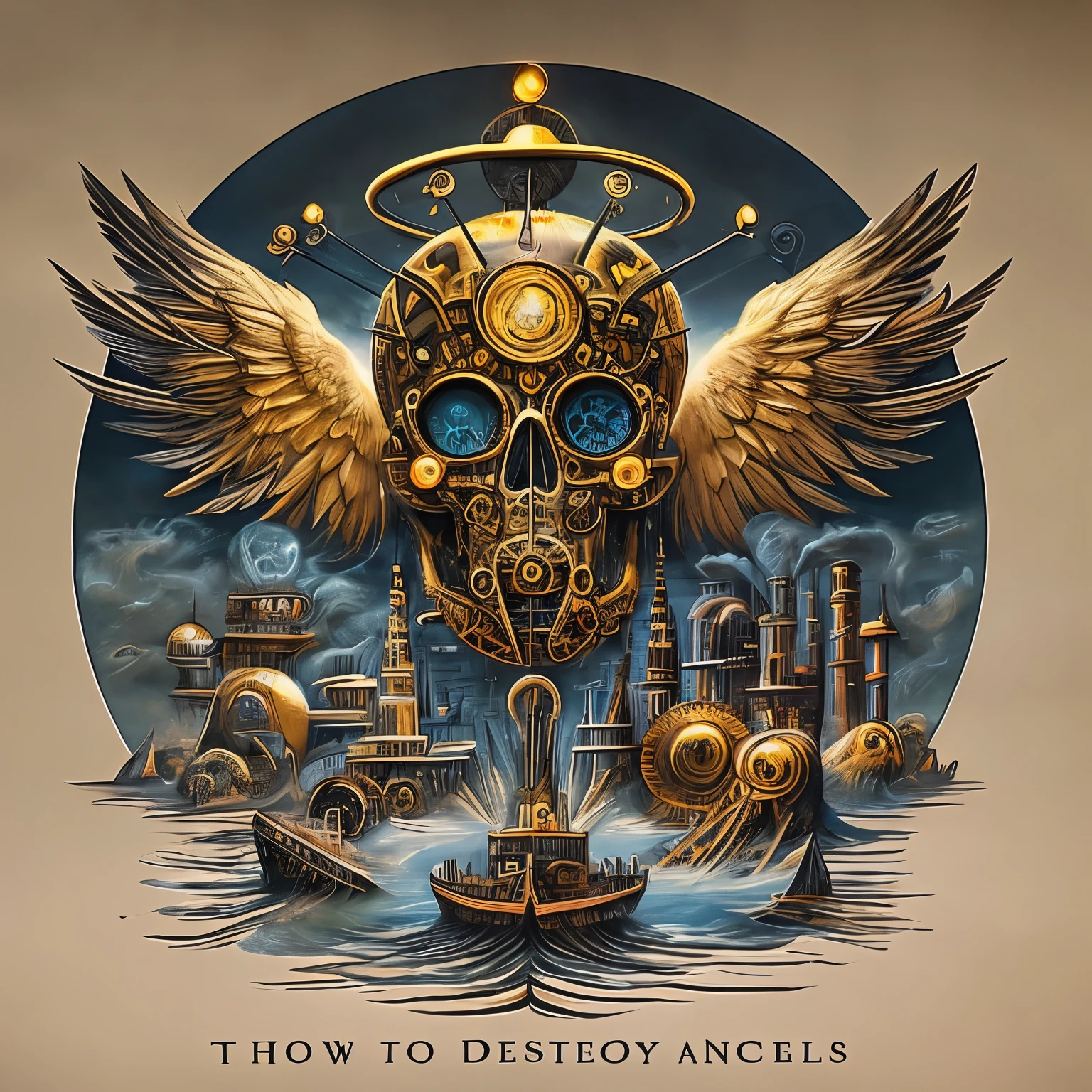 there is a skull with wings and a clock on it, occult tshirt design, tattoo artwork, steampunk art style, angels, dan mumford and alex grey style, in the style dan mumford artwork, hajime sorayama aaron horkey, official artwork, detailed cover artwork, orthodox symbolism, diesel punk, w 4 0 k, "how to destroy angels" is written on bottom. black background.