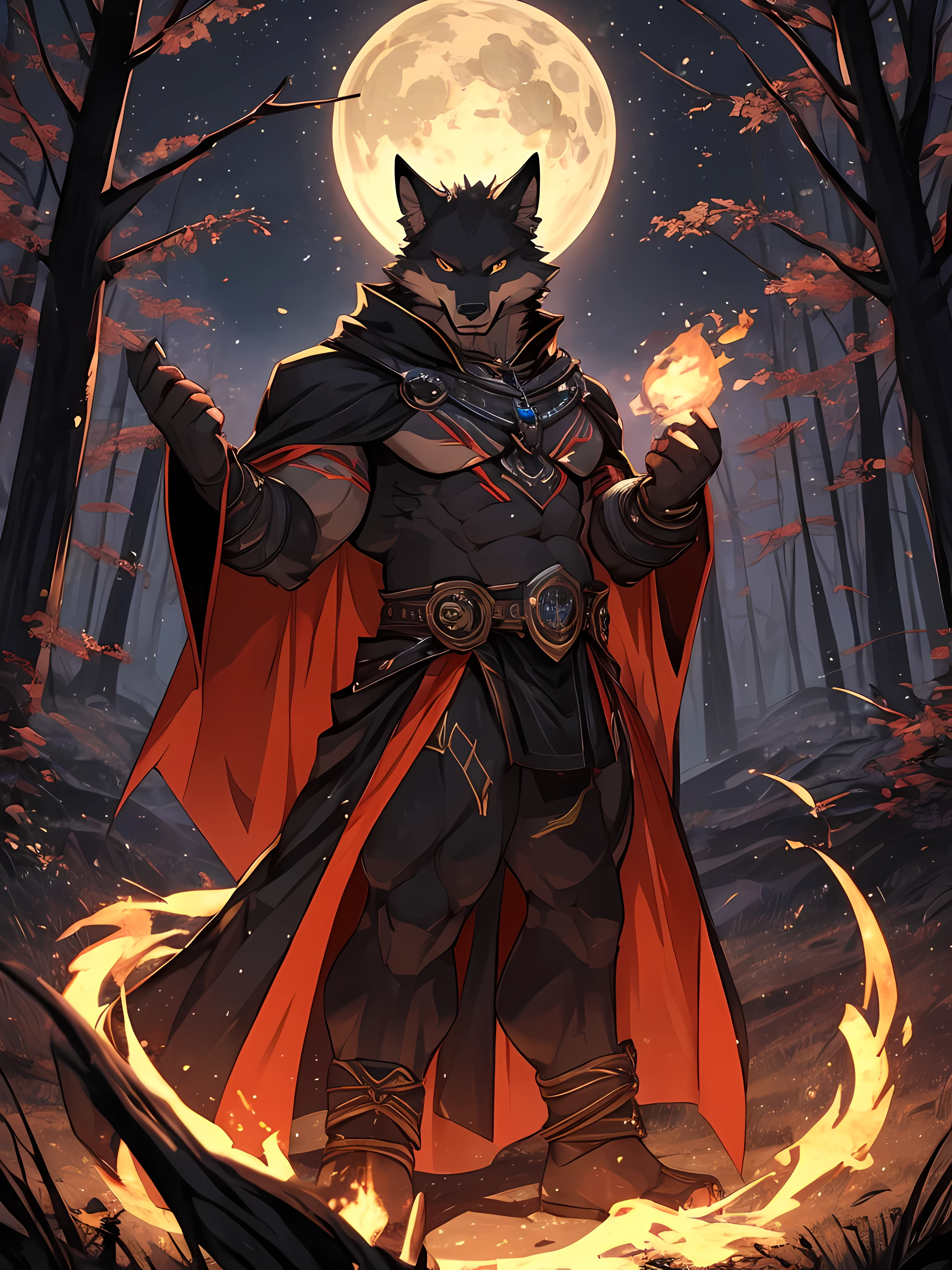 black wolf demon,Dark yellow eyes,red irises,Have muscles,Wearing a black robe with gold patterns,Raise your hands to belly level.,There was a ball of black light in his hand.,Behind is a forest.,dark,Scary,His eyes were fierce and mysterious.,staring at the viewer,red moon