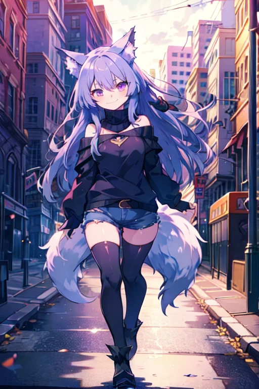 (masterpiece, highest quality, Super detailed), delta,off shoulder sweater,shorts,black tights,short boots,wolf ears,wolf tail,In town,walk,smile