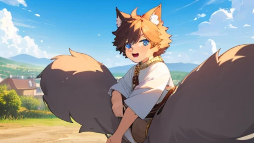 masterpiece,best quality,ultra-detailed,high resolution,extremely detailed,solo,fantasy,wolf beastman,boy,11-year-old boy,(straight, shorthair),blue eyes,cute face,furry,grey fur,fluffy neck hair,(adventure clothes, brown), barefoot, ultra-detailed fur,( five-fingered), big picture, outside, village,