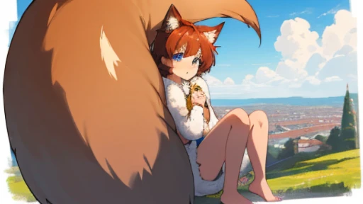 masterpiece,best quality,ultra-detailed,high resolution,extremely detailed,solo,fantasy,wolf beastman,boy,11-year-old boy,(straight, shorthair),blue eyes,cute face,furry,grey fur,fluffy neck hair,(adventure clothes, brown), barefoot, ultra-detailed fur,( five-fingered), big picture, outside, village,