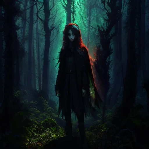 a person standing in a dark forest with a giant tree, floresta escura se aproxima, dark arte de terror de fantasia, a sinister fantasy illustration, arte sombria surreal, mulher em uma floresta escura, arte de terror de fantasia, arte escura de fantasia, dark fantasy illustration, imagem assustadora espiritual, numa floresta feita de pesadelos, arte de fantasia sombria, arte surreal sombria, arte conceitual de uma floresta escura