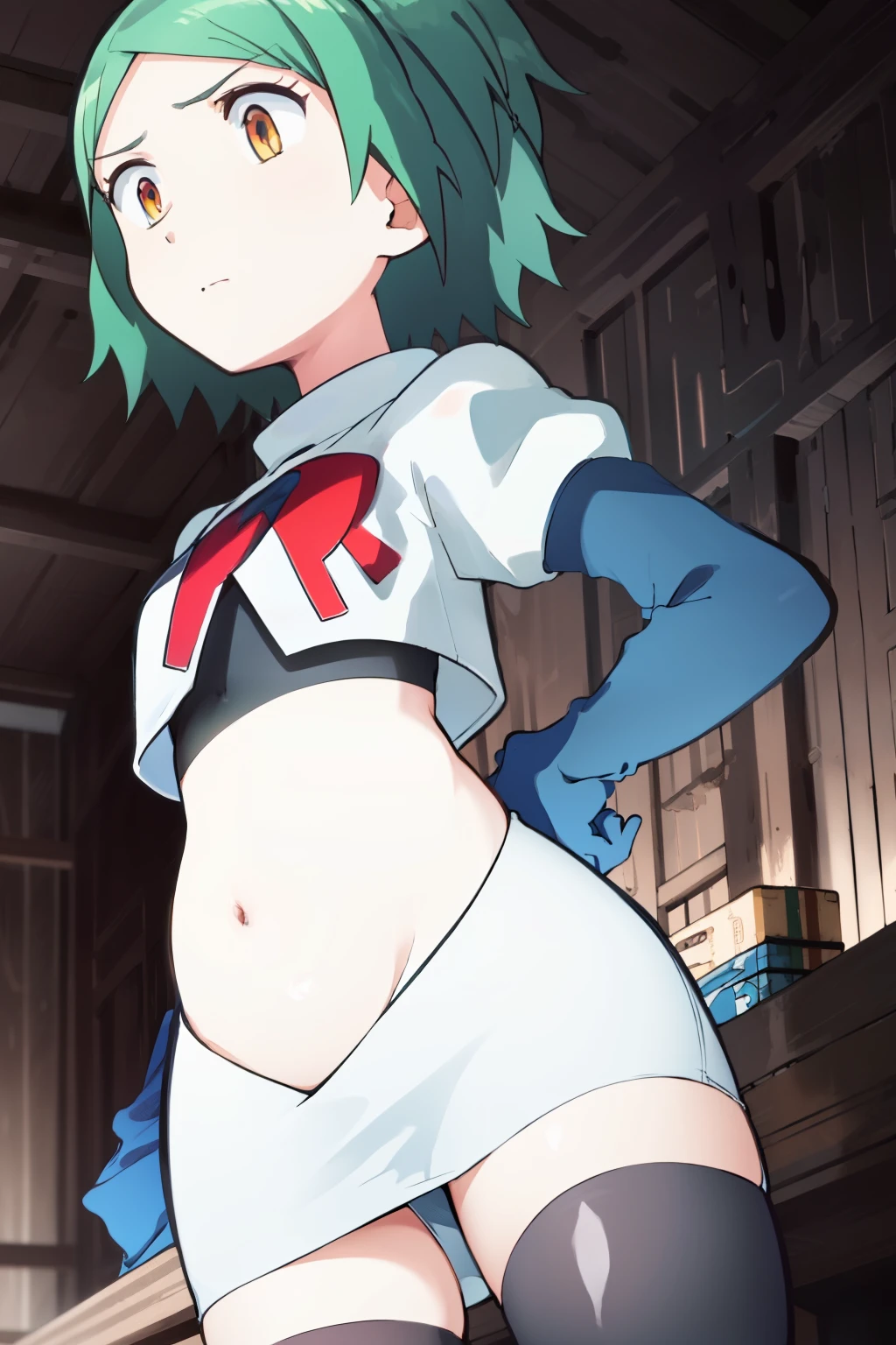 ultra high res, best quality, masterpiece, 1girl, KaedeKayanoR4, green hair, yellow eyeackground,short hair, team rocket,team rocket uniform, red letter R, white skirt,white crop top,black thigh-highs,black elbow gloves