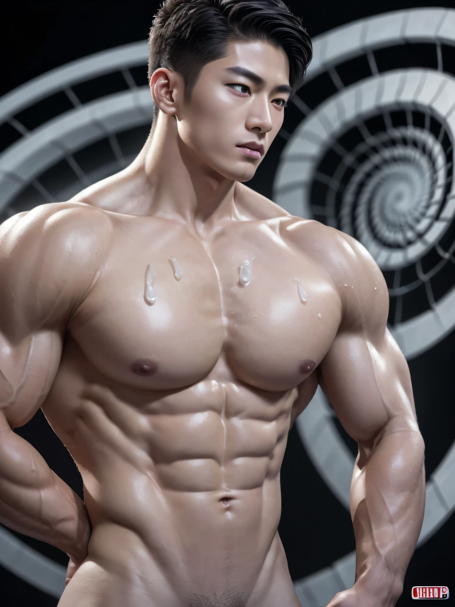 Mind control , (masterpiece, ultra quality, high resolution, 8k, intricate: 1.2), (detailed face:1.2), handsome, Young Korean man ,white skin, double eyelids , detailed skin, 1boy, ((realistic)), abs, good lighting quality, muscle veins, ((pale skin)), (drooling:1.2), side view, lust face, (look at spiral on TV:1.3), (viewer pop:1.3)
