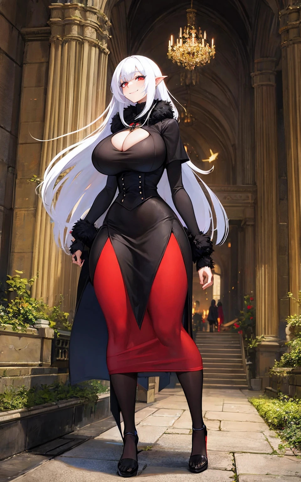 Gothic, huge chest, tall woman, curved, f, long hair, christian, alone, catholic, latin cross,, forest city, plants, walking, smile, smile, ,fur clothes, wizard, medieval, village,tights, portrait, long skirt, long dress, flip-flops, , huge breast, , , 1gir,1character, walking,long skirt, red eyes