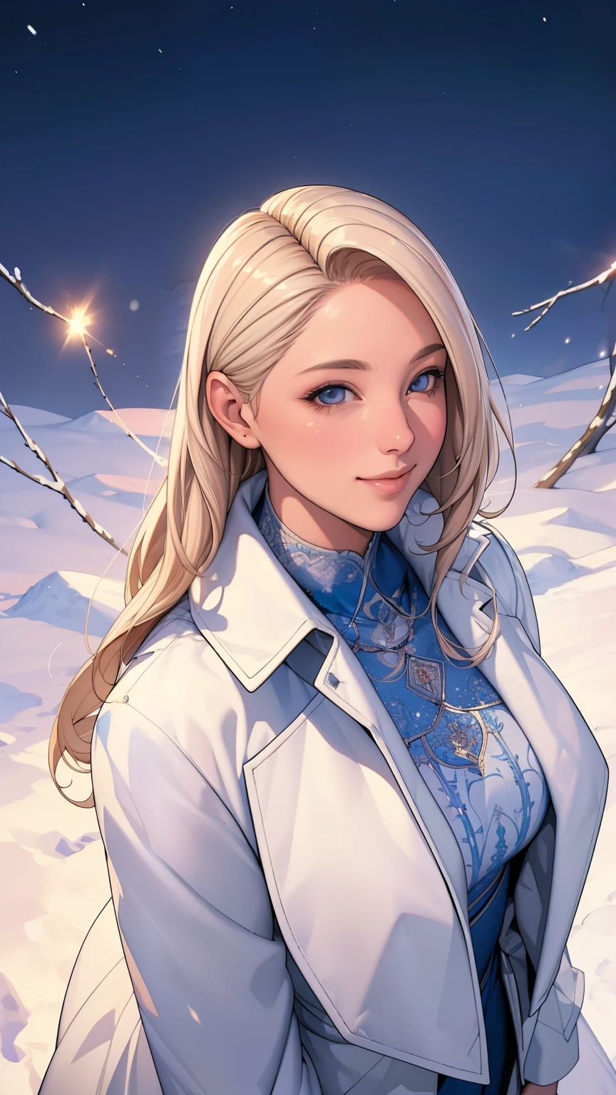 (masterpiece), (best quality), 1girl, (perfect face:1.2), (beautiful face:1.2), platinum blonde hair, (from above, upper body:1.3), happy, light smile, looking at viewer, pose,
winter coat, outdoors, winter, snow, night time, intricate, depth of field, cinematic lighting,