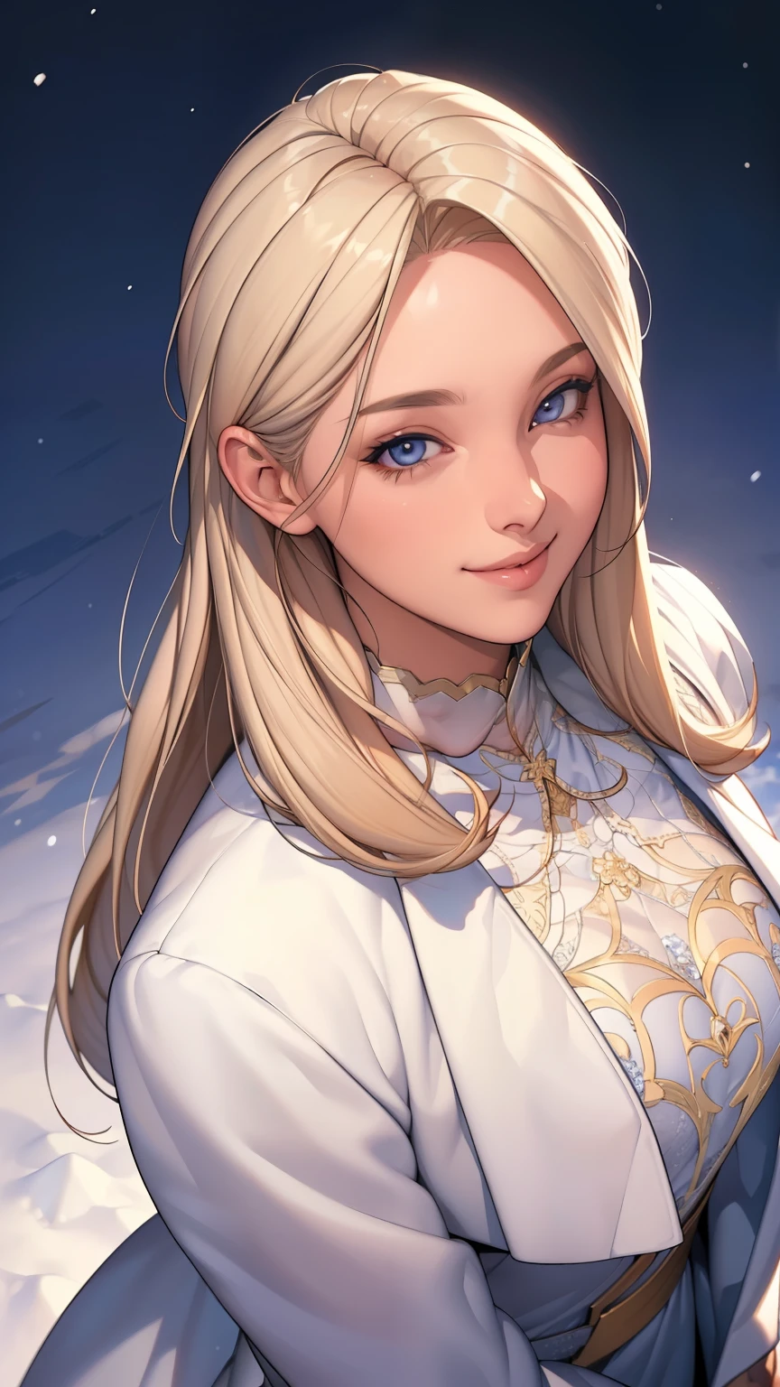 (masterpiece), (best quality), 1girl, (perfect face:1.2), (beautiful face:1.2), platinum blonde hair, (from above, upper body:1.3), happy, light smile, looking at viewer, pose, 
winter coat, outdoors, winter, snow, night time, intricate, depth of field, cinematic lighting,