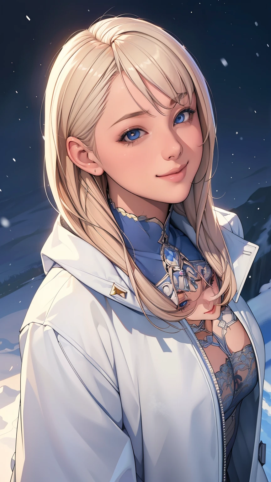 (masterpiece), (best quality), 1girl, (perfect face:1.2), (beautiful face:1.2), platinum blonde hair, (from above, upper body:1.3), happy, light smile, looking at viewer, pose,
winter coat, outdoors, winter, snow, night time, intricate, depth of field, cinematic lighting,