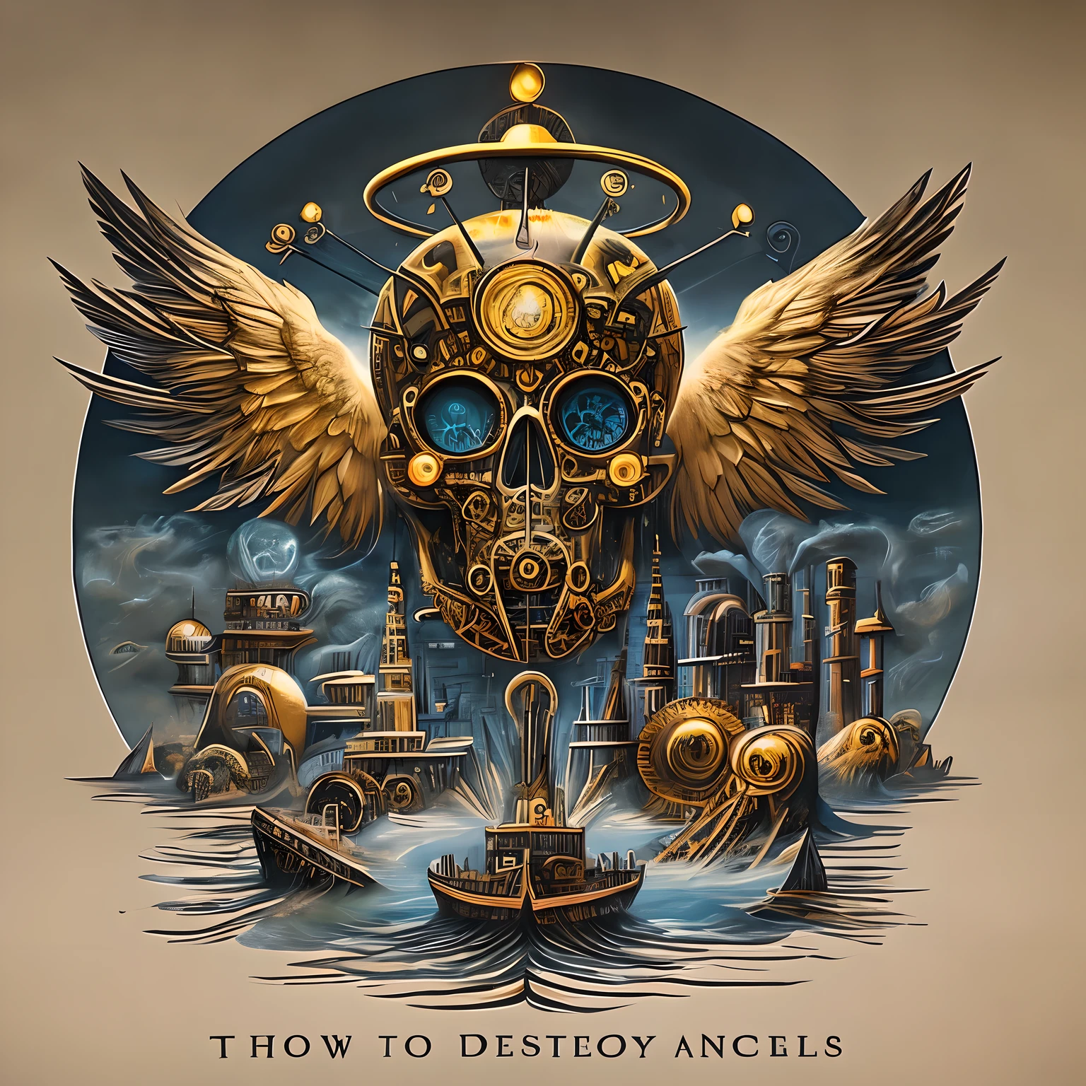 there is a skull with wings and a clock on it, occult tshirt design, tattoo artwork, steampunk art style, angels, dan mumford and alex grey style, in the style dan mumford artwork, hajime sorayama aaron horkey, official artwork, detailed cover artwork, orthodox symbolism, diesel punk, w 4 0 k, "how to destroy angels" is written on bottom. black background.