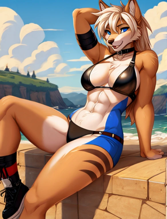 big muscular, women,latex catsuit, sexy,
blond long hair, 200cm tall, sea, nipple, wolf furry, big , tail, femdom, show pussy