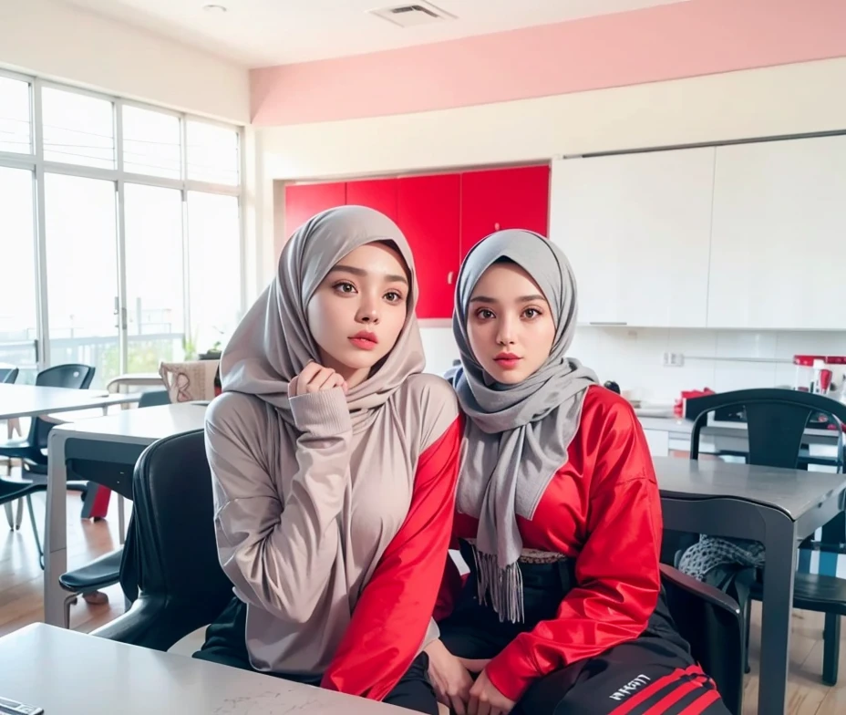 8k RAW photos,2 girls,grey hijab,red hijab,red and white strap shirt,black pants,sexy face like ahgeo