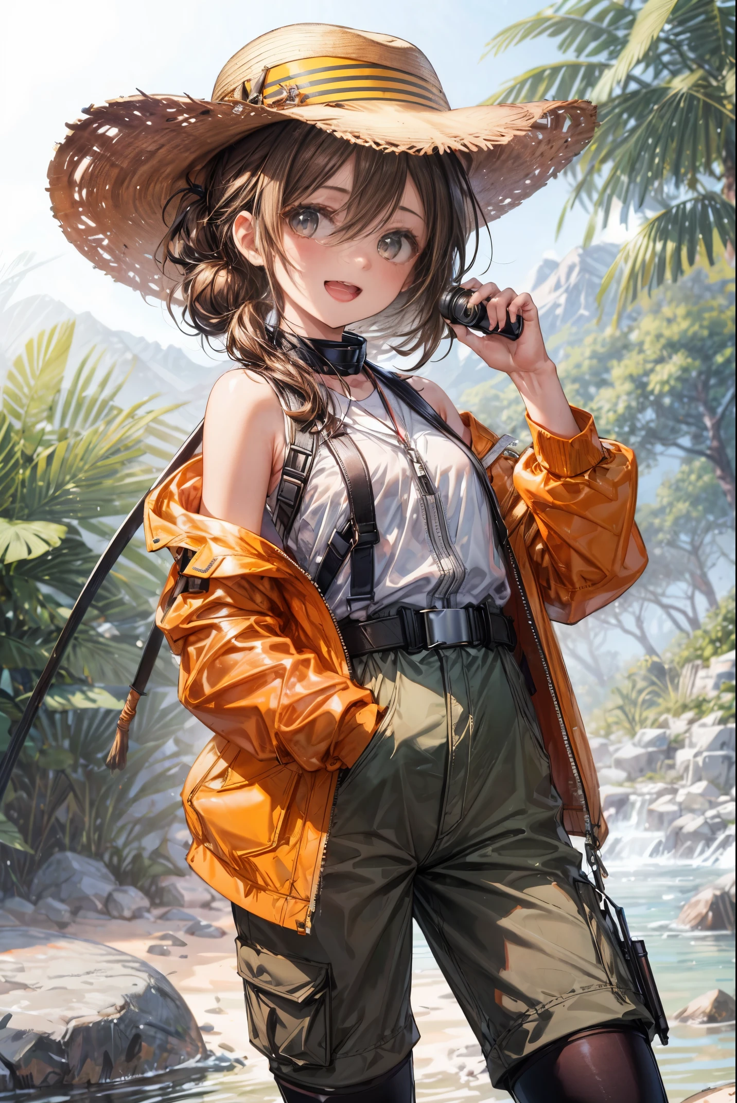 Masterpieces, beautiful details, perfect focus, uniform 8K wallpapers, RAW photos,
1 girl, brown hair, half-up pony hairstyle, clear deep eyes, smile, happy, open mouth
Choose a (white and yellow) jumpsuit with a customized fit to provide comfort and practicality for his day in the wilderness.
Protect your wide-brimmed hat from the sun and add some flair with a stylish leather band.
Sling your lightweight binoculars around your neck and feel like a true safari guide.
Complete your look with durable and comfortable boots suitable for ((trekking)) different terrains.