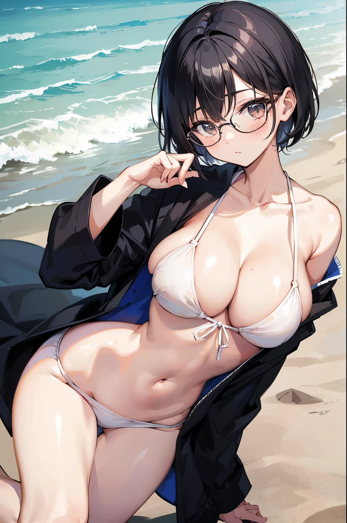1 Japanese girl, glasses, blush, (slim body:1.2), (????????????:1.1), (slender legs:1.1), short hair, black hair, ??????, beach,