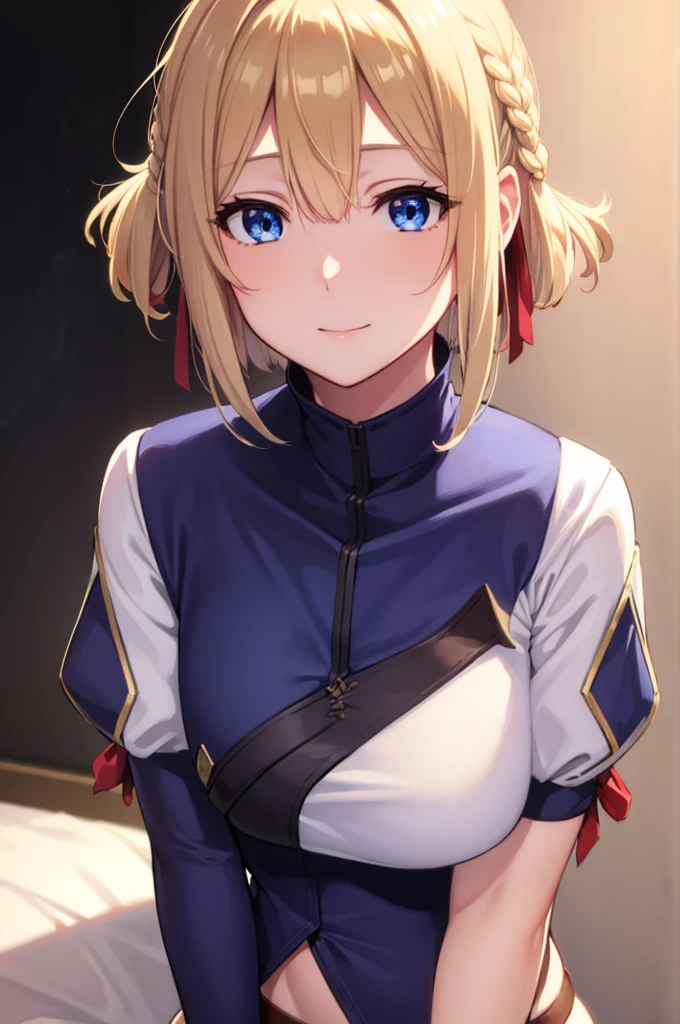 Violet Evergarden, Violet Evergarden, Blonde hair, Blue eyes, Hair Ribbon, bow ribbon, Short hair, Braids, hair braids, Red Ribbon, maturefemale,
Blake Blue Jacket, Brown gloves, Cropped jacket, Dress, gloves, Green brooch, Jacket, juliet sleeves, Long sleeves, Puffy sleeves, White Dress,
BREAK looking at viewer,
BREAK outdoors, city,
BREAK (masutepiece:1.2), Best Quality, High resolution, Unity 8k壁纸, (Illustration:0.8), (Beautiful detailed eyes:1.6), extra detailed face, Perfect Lighting, extremely details CG, (Perfect hands, Perfect Anatomy),a smile