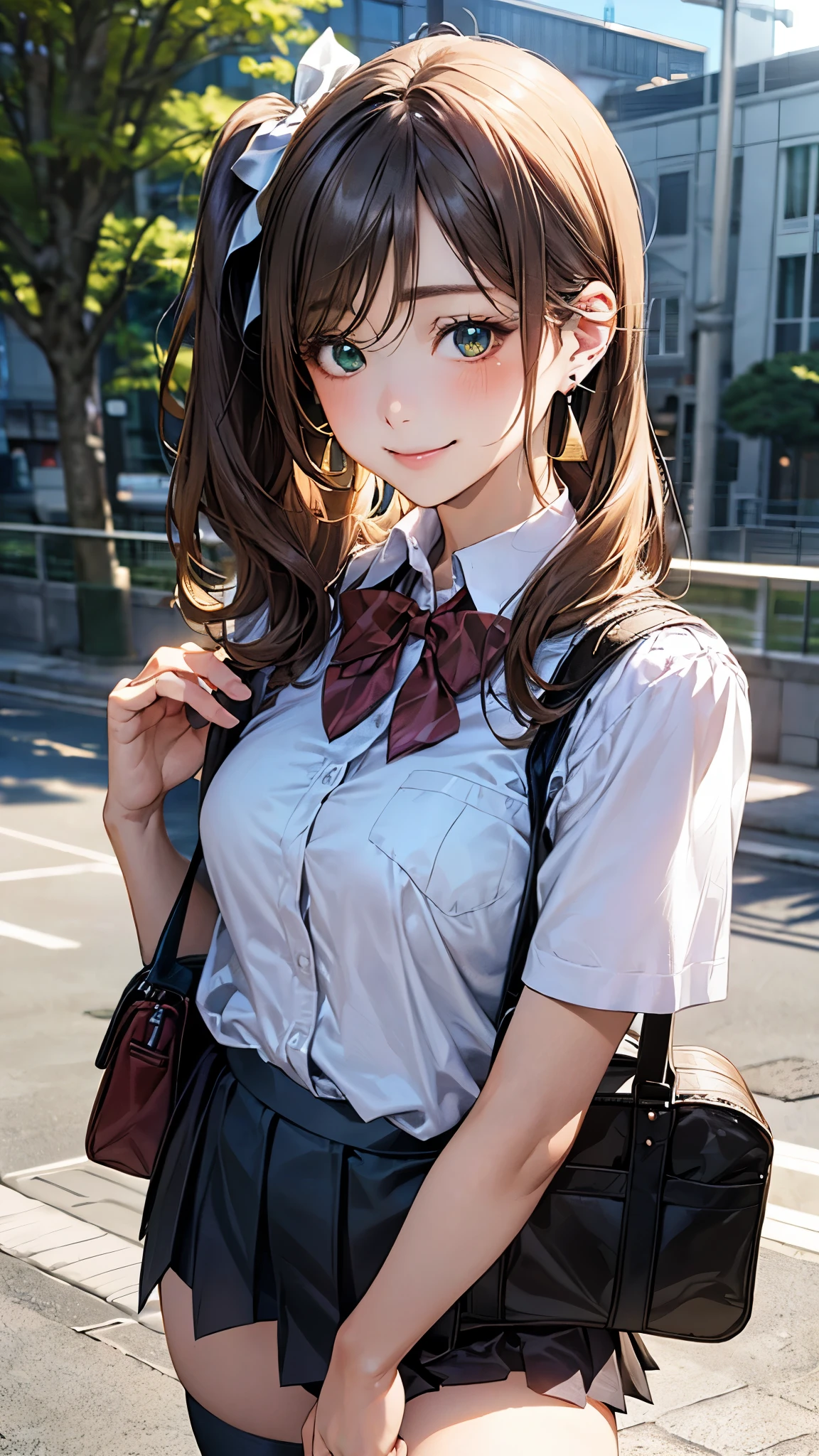 (masterpiece:1.2, top-quality), (realistic, photorealistic:1.4), beautiful illustration, (natural side lighting, movie lighting),
looking at viewer, cowboy shot, front view:0.6, 1 girl, japanese, high school girl, perfect face, cute and symmetrical face, shiny skin,
(long hair:1.8, side ponytail:1.7, light brown hair), parted bangs, emerald green eyes, long eye lasher, (large breasts:0.9, thick thighs),
beautiful hair, beautiful face, beautiful detailed eyes, beautiful clavicle, beautiful body, beautiful chest, beautiful thigh, beautiful legs, beautiful fingers,
((white collared shirts, black pleated mini skirt, black socks, brown loafers, red bow tie)), hoop ring earrings, pink panties, dark blue school bag,
(beautiful scenery), evening, riverside, walking, hands on chest, (lovely smile, upper eyes),