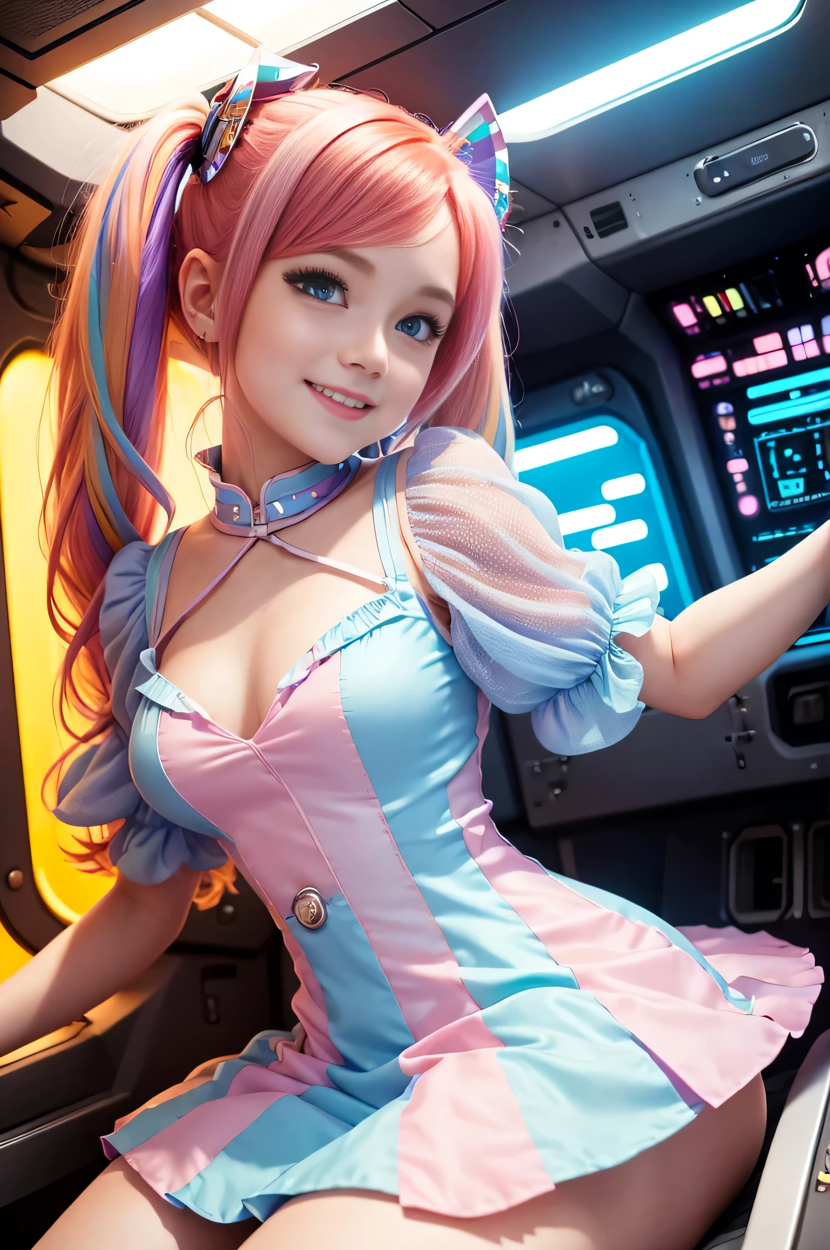 (overhead view) Cute redhead with rainbow colored hair tips, ribbons in her hair, 18-year-old woman, happy, smiling, in twin tails, perfect eyes, clear sparkling blue eyes, pale skin, silky smooth skin, flying a fancy metal luxurious space ship, futuristic cockpit, she's a pilot, outer space seen in windows, dark warm lighting, wearing a futuristic party dress, pleated (chemise) mini dress (pastel rainbow colors, and polka dots), puffy sleeves, silk, pantyhose, cute short cut booties, boots.