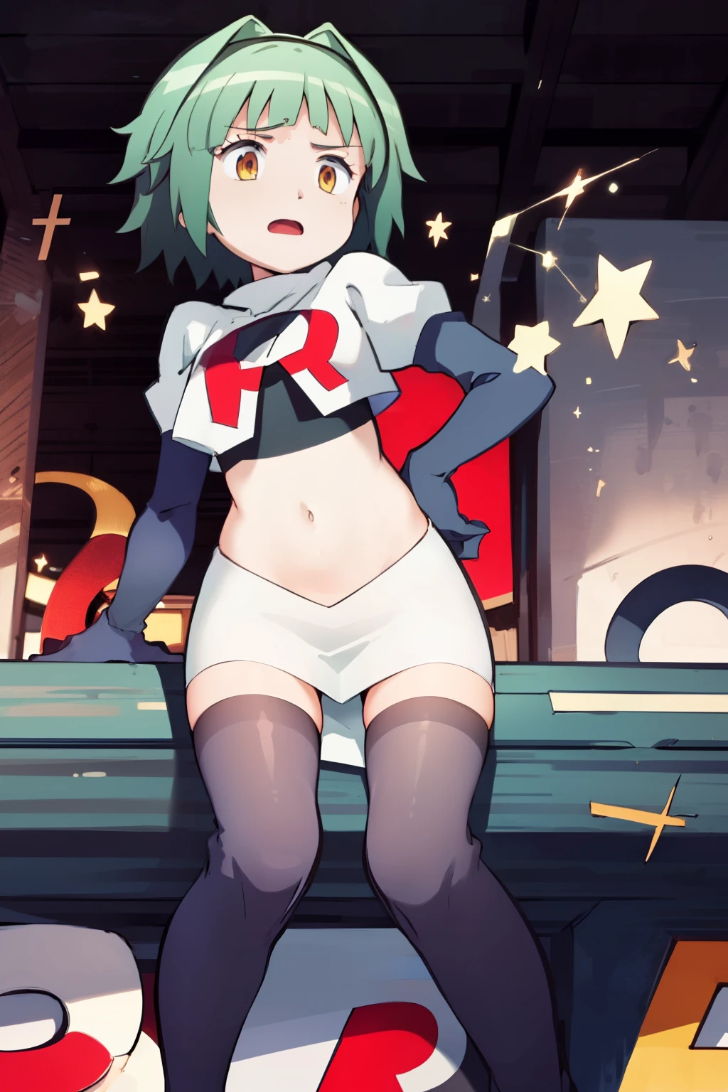ultra high res, best quality, masterpiece, 1girl, KaedeKayanoR4, green hair, yellow eyeackground,short hair, team rocket,team rocket uniform, red letter R, white skirt,white crop top,black thigh-highs,black elbow gloves
