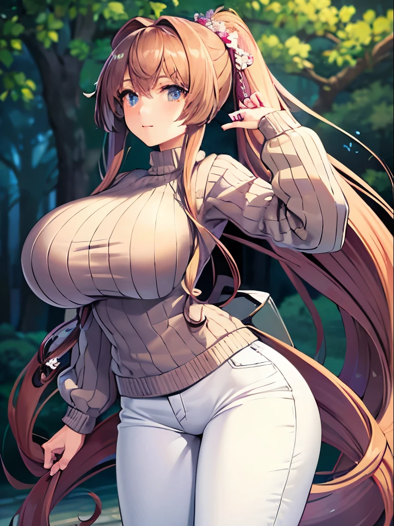 (masterpiece)), ((best quality)), (ultra-detailed), ((kawaii)), cuovely), ((extremely detailed)), 4K, (8K), best quality, (beautiful),(((world-class quality))), extremely detailed, high resolution, (detailed shaded pretty face), full body, teenager, solo, (((gigantic breasts))), (((sagging breasts))), spring_costume, (brown sweater), (sweater), (ribbed_sweater), (long_sleeves), (white_pants),