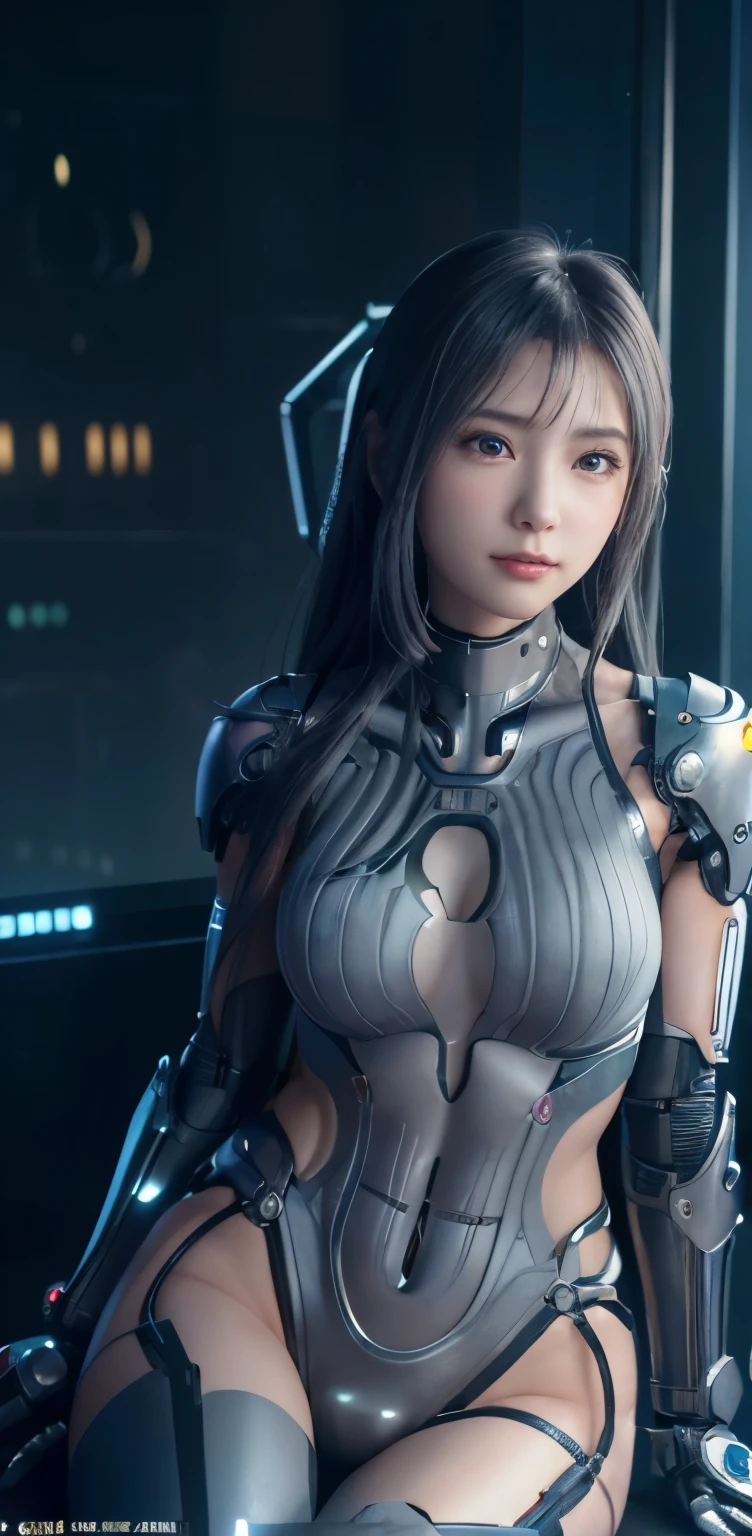 masterpiece、((gray sweater))、 ((plug suit)), ((beautiful girl:1.2))、i don't'no arms.、mechanized body、Mechanized chest and abdomen、mechanized occiput、Mecha leg rack metallic suit that fits perfectly to the body、 Are standing、tied up、金属robot、((cyberpunk background))、(neon light)、(Futuristic machine factory background)、Cyberdyne、artificial body、All metal body、ironwork、abdominal mechanism、((robotアームとハンド))、((robotの足))、((machine neck))、Inside the spaceship、beautiful girl、16 years old、asian beauty, (Actuator and cable exposed from abdomen.、金属製robotの首から胴体までつながっている、Complex 3d rendering beautiful porcelain profile super be familiar withd female android face、cyborg、robot部品、150mm、Soft light in a beautiful studio、rim light、vivid details、gorgeous cyberpunk、Ren Hao、超realistic、anatomical、facial muscles、cable wire microchip、elegant、beautiful background、octane rendering、HR giger style、8K、highest quality、masterpiece、enlightenment、very delicate and beautiful、 非常にbe familiar withなCG、unity、wallpaper、(realistic、Photoreal:1.37)、wonderful、be familiar with、masterpiece、highest quality、official art、Highly be familiar withd CG unity 8k wallpaper、absurd、incredibly absurd、、robot、Silver Beadal Body Esbian、sit on top