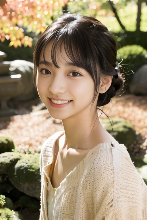 (realistic:1.3), rembrandt'light masterpiece:1.2), (photorealistic:1.2), (highest quality), (fine skin:1.3), (intricate details), ray tracing,1 girl, japanese girl, 21 years old, fine skin texture, (blush:0.5), smile, updo hair, bangs、camisole、Seiza (bright sunny day, autumn setting, autumn tree々And leaves, (zen garden:1.2)