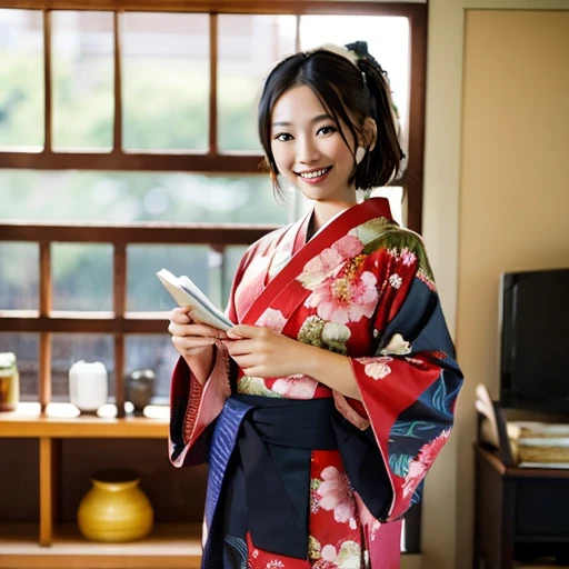 araffe kimonoで standing in a room with a red purse, kimonoで, 日本のkimono, kimonoを着ている, 王室のkimonoを着て, kimono, kimonoを着ている, traditional japanese, elegant yukata, Japanese style, 古典的なkimono, 複雑な芸者のkimono, wearing a haori,, kimonoで, generally