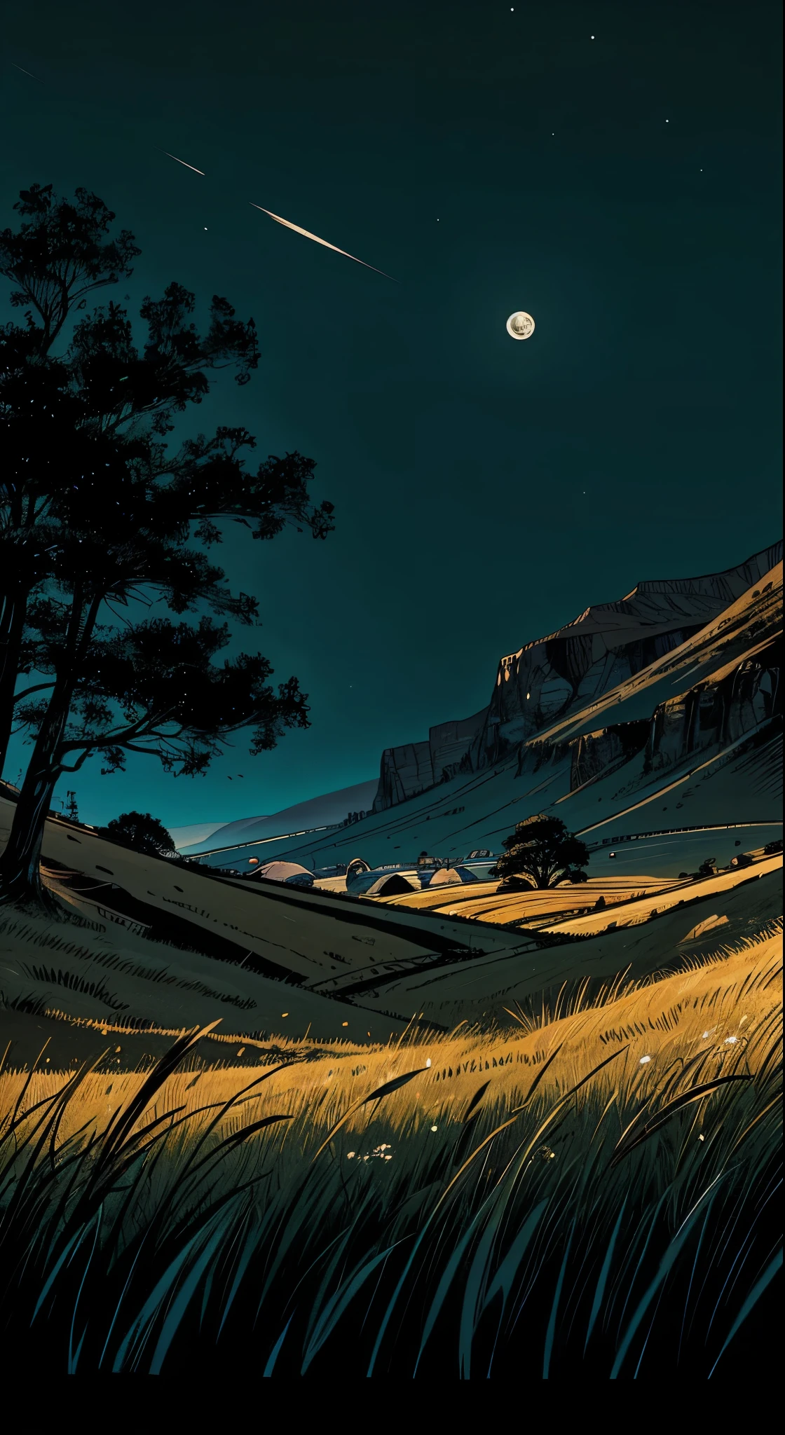 Colorful grass field, dark fantasy, anime style, demon slayer style, highly detailed, Moonlight extreme details, landscape, grass field,