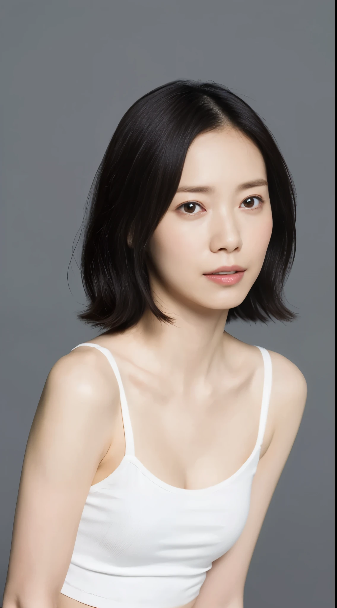 Japanese, Women of short stature, petite physique, Medium build, medium height, slightly plump, Short arms, single eyelid, long slit eyes, Ephemeral atmosphere, 30-year-old girl, black bob hair, ((thin lips)), white top and bottom underwear, muste piece, best quality, detailed skin, detailed eyes, ,8K, good anatomy, upper body portrait