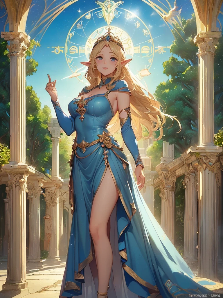 highest quality、Highest image quality、But Tarpeace、Two super beautiful elf beauties((24-years-old、vest bust、big bust、bust 90,beautiful blue long ironed hair、blonde、globe、Sexy means、、slender、Close-up、Esbian、beautiful tiara、High quality、beautiful art、background spectacular scenery、great work、visual art、Depth of bounds written、blue sky、elf ears、、magic of light、space knight、harp melody🎵、A happy smile、gentle light、、Beautiful legs that are gentle on the skin、、、Number of fingers to achieve precise finger movements、ticker beautiful decoration、elegant、mystical　　field under the flower garden、marble columns, beautiful dressy、byzantine art、art nouveau、temple of time、sundial、、A sexy is 1.3,Renaissance painting、Raphael&#39;s paintings、golden ratio、garden、spring blossoms、Forest、forest、beautiful dress、Low - Angle、Close-up、(big angel wing)、beautiful nature
