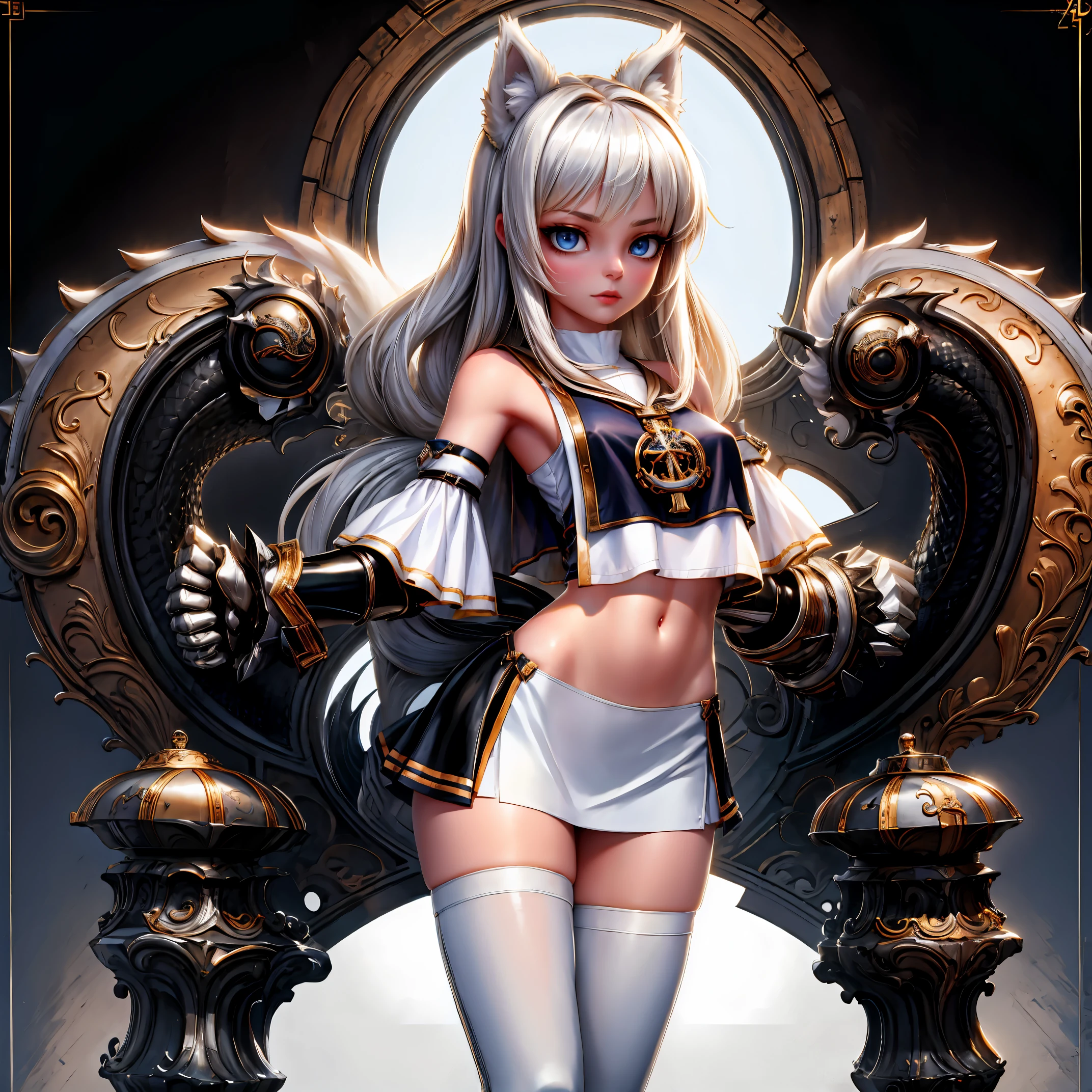 8k, resolution, high quality, high resolution, best quality, extremally detailed, best resolution, absurd resolution, ray tracing, high detailed, masterpiece, extremely detailed,shoulder length white hair, female,2 white wolf ears, teenage girl, slim body, white scale dragon tail,black boots,black leggings, navel blue school skirt, sailor shirt, white jacket, medium size chest, detailed blue eyes, detailed beautiful face,solo female,1 dragon tail, detailed eyes, tomboyish