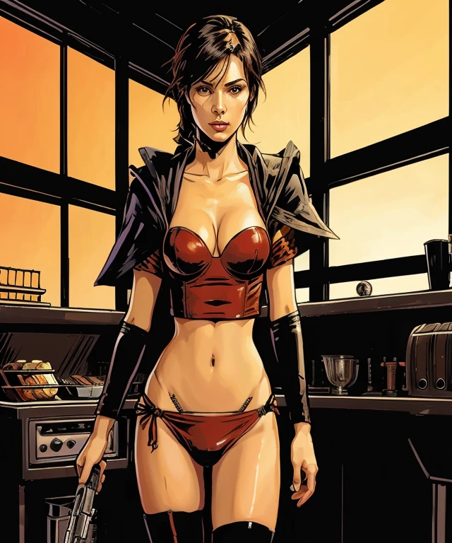 a close-up of a woman in a bikini and a gun, zenoscope, Como ilustrado em Top Cow Comics, assassina feminina, inspirado em Shog Janit, Cassandra Cain em cetim, as a retrofuturistic heroine, inspired by José Comas Quesada, Spy, assassina vermelha feminina, in a mixed style of æon flux, Gordon Freeman como mulher