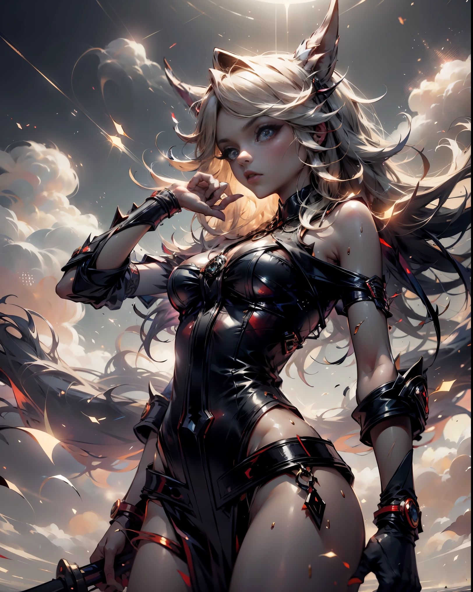 Chica maga oscura domadora de dragones legendario , en el reino de los cielos, ardiente entre nubes y rayos de sol a su alrededor. Pose sejustiva sexy y inocente seductora.