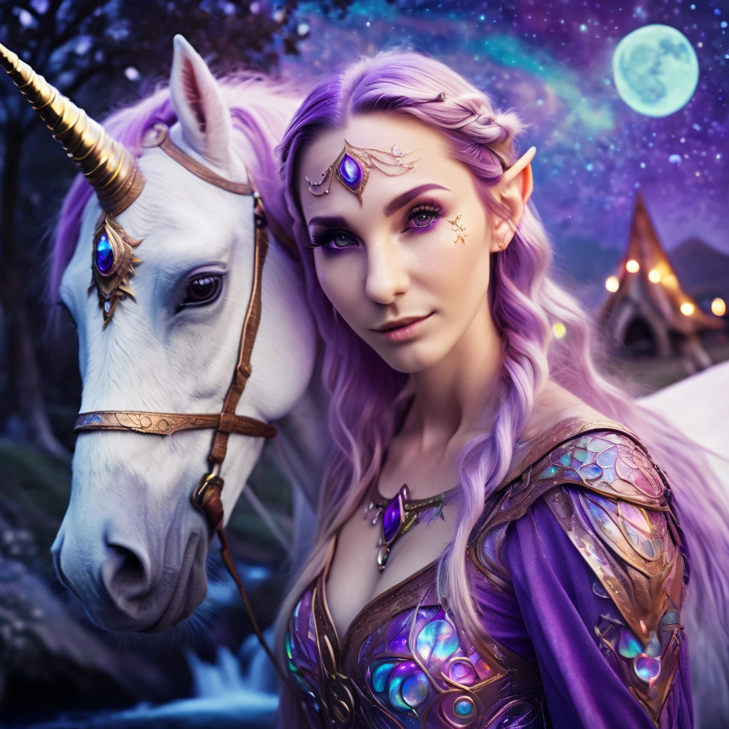 Marija. elf full body portraits, she is caressing her unicorn , portraits, fantasy art, detailed features, vibrant colors, detailed face features,long eyelashes, magical lighting, three side view, 1 side potrait,2 side close, 3 side in the batlle, photo collage, purple, film grain, detailed pores and wrinkles on the skin film grain, detailed pores and wrinkles on the skin, detailed elf village in backfround, full of stars sky, zentangle costume style, facing camera, the unicorn in the background drinks water from a river,