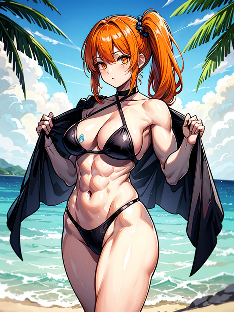 （（（masterpiece、Highest image quality、highest quality、highly detailed unity 8ｋwallpaper）））、（（Illustration of one girl））、（（（beautiful girl）））、（（orange hair、side ponytail：1.4、sidelocks：1.6、orange eyes））、（（（stocky build：1.5, thickset physique：1.6, muscular legs, broad shoulders：1.6, solid chest：1.5）））、swimsuit、sandy beach