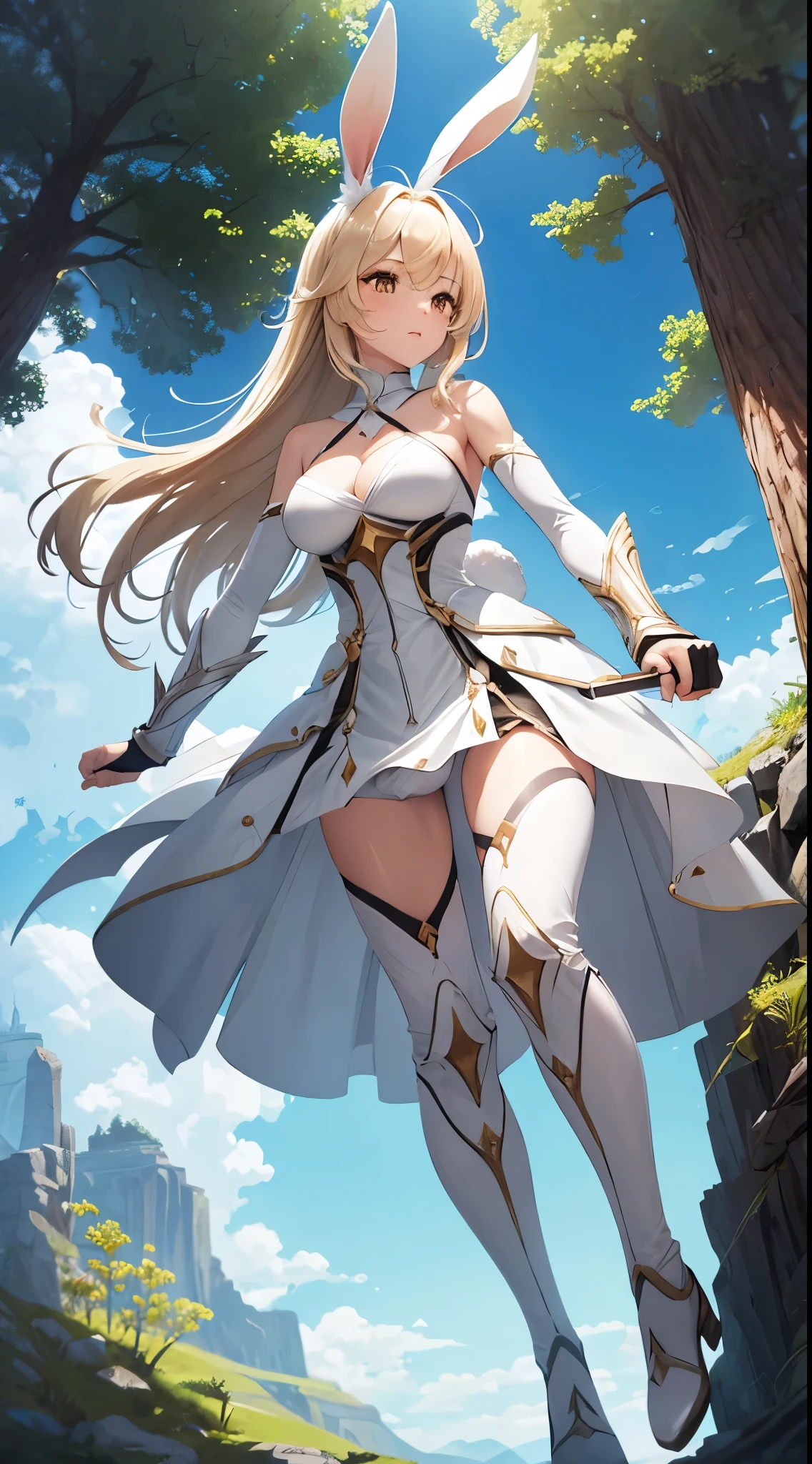 Lumine character, white dress, rabbit ears (white color), fantasy landscape, combat stance (bodysuit), trees.