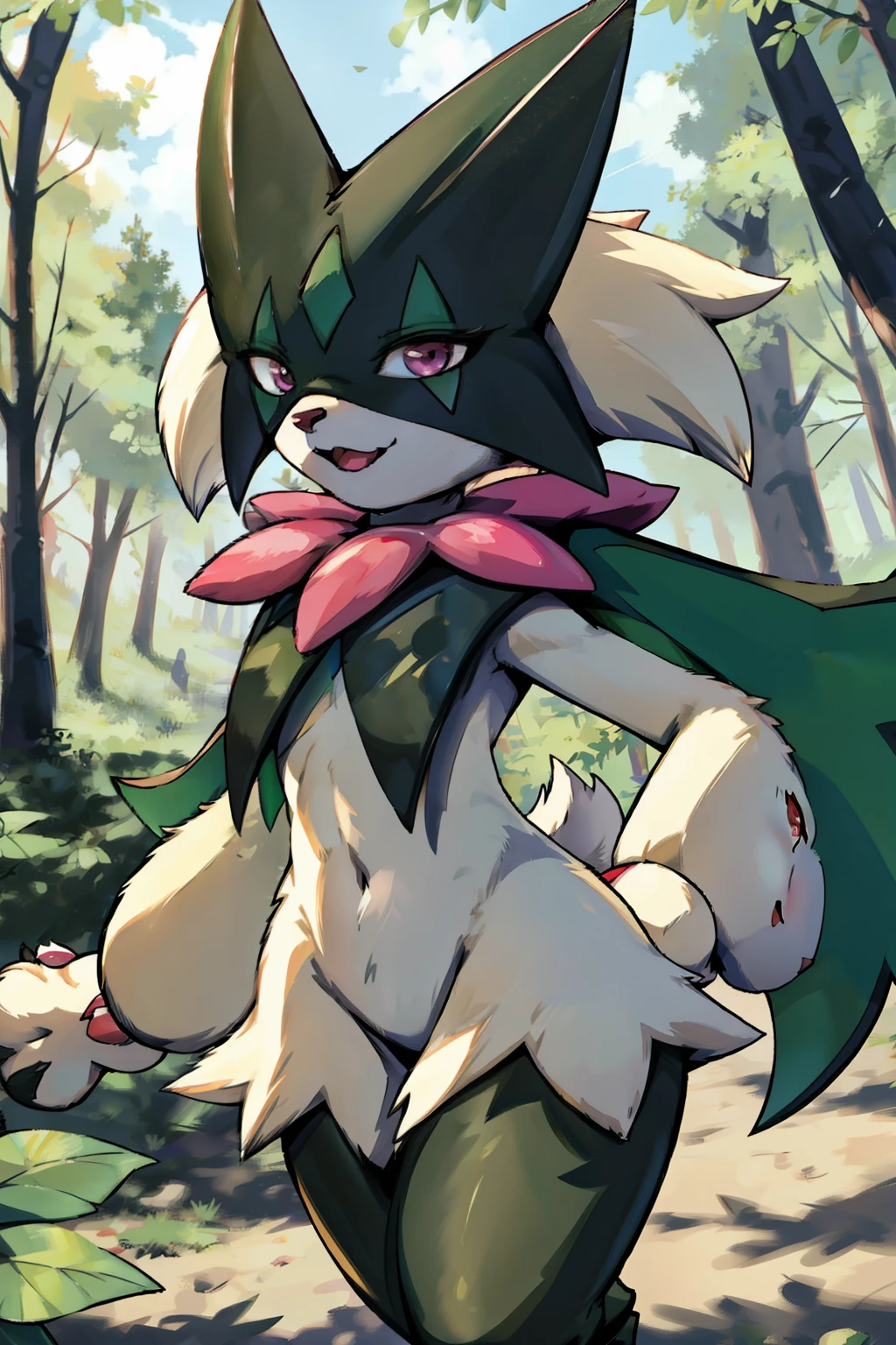 Masterpiece, The best quality, the highest picture quality, Detailed, Meowscarada, Pokémon, short snout, detailed eyes, happy, forest background, day, female, solo, closed mouth, Arms from behind