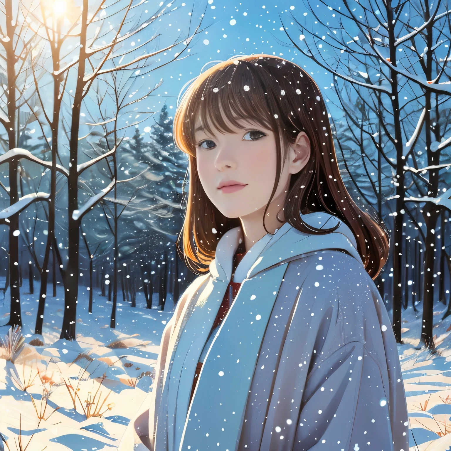 Illustration style、Ukiyo-e、Showa Anime、Woman facing this way、Japanese、The sun is shining in the background、Shinkai Makoto style、The season is winter、You can see the forest in the distance、It&#39;s snowing、 (highest quality, super detailed, realistic:1.37, portrait, Natural light)