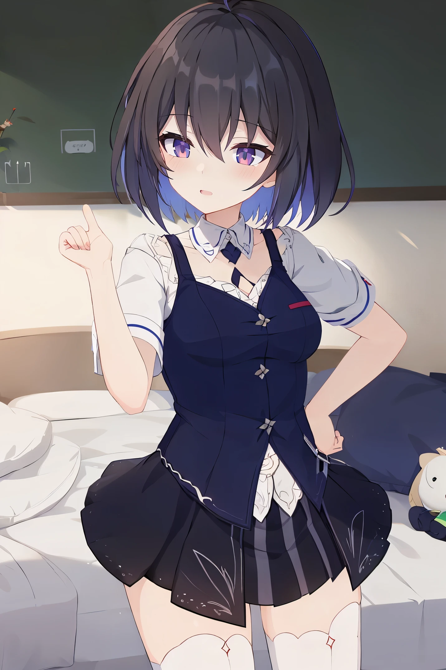 1 girl, best quality, ultra high res, ahoge, Seele Vollerei, looking at viewers, medium breast, smile, small body, open mouth, azure memories, short sleeves, bedroom, white bed sheets, pov, chest  tattoo, upper body,