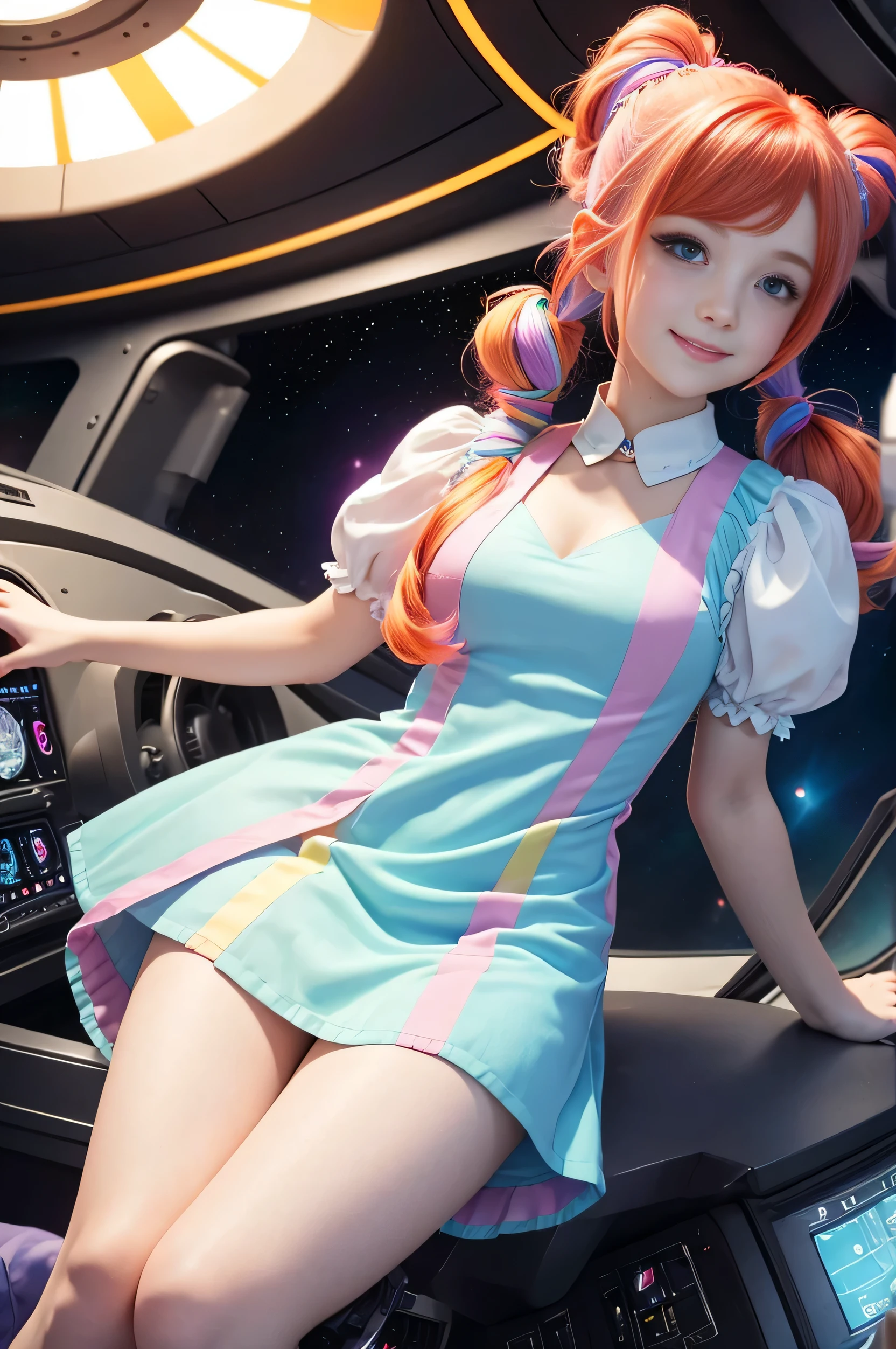 Cute redhead with rainbow colored hair tips, ribbons in her hair, 18-year-old woman, happy, smiling, in twin tails, perfect eyes, clear sparkling blue eyes, pale skin, silky smooth skin, flying a fancy metal luxurious space ship, futuristic cockpit, she's a pilot, outer space, stars in background, dark warm lighting, wearing a futuristic party dress, pleated (chemise) mini dress (pastel rainbow colors, and polka dots), puffy sleeves, silk, wearing full body pantyhose, cute short cut bootie