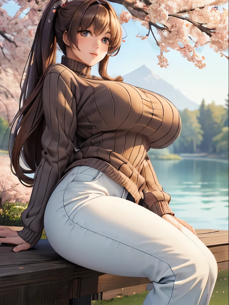 (masterpiece)), ((best quality)), (ultra-detailed), ((kawaii)), cuovely), ((extremely detailed)), 4K, (8K), best quality, (beautiful),(((world-class quality))), extremely detailed, high resolution, (detailed shaded pretty face), full body, teenager, solo, (((gigantic breasts))), (((sagging breasts))), spring_costume, (brown sweater), (sweater), (ribbed_sweater), (long_sleeves), (white_pants),