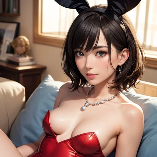 masterpiece, best quality, ultra detailed, beautiful face, beautiful skin, professional lighting, 2 girls, breast press, mischievous smile, (((on the left is small breasts girl with short black hair))), (((a little further away on the right is large breasts girl with long blonde hair))), (playboy bunny:1.4), pearl necklace, (erect nipples:1.4), (cameltoe:1.2), cowboy shot, on sofa