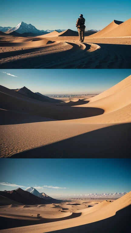 montage of a man traveling through diverse landscapes, deserts with blowing sand, bustling city streets, icy mountain tops, sense of search, dynamic angles, high-quality travel shots