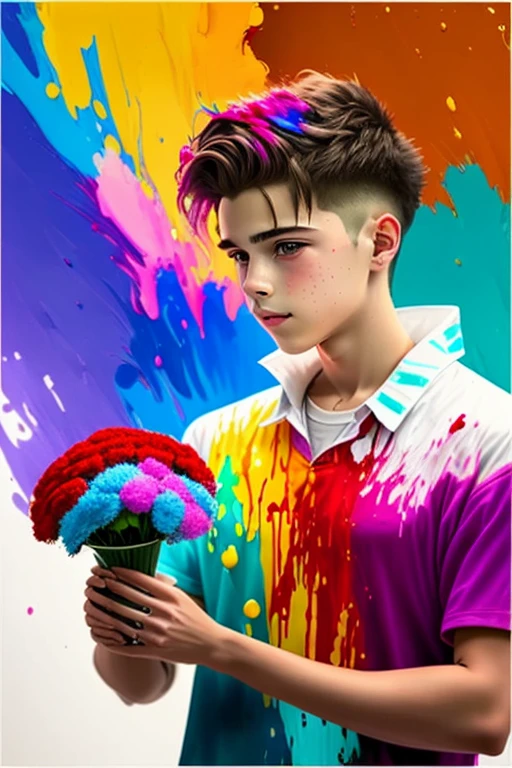 Handsome 19-year-old boy with a bouquet of flowers in his hands! The magic of creating masterpieces in portrait art ! All the colors of paint poured onto the canvas magically move and mix, turning into a stunningly beautiful portrait ! thick . bright and contrasting colors simply blow our minds . our imagination - creating a masterpiece in the style of Alberto Seveso and Pablo Picasso !!