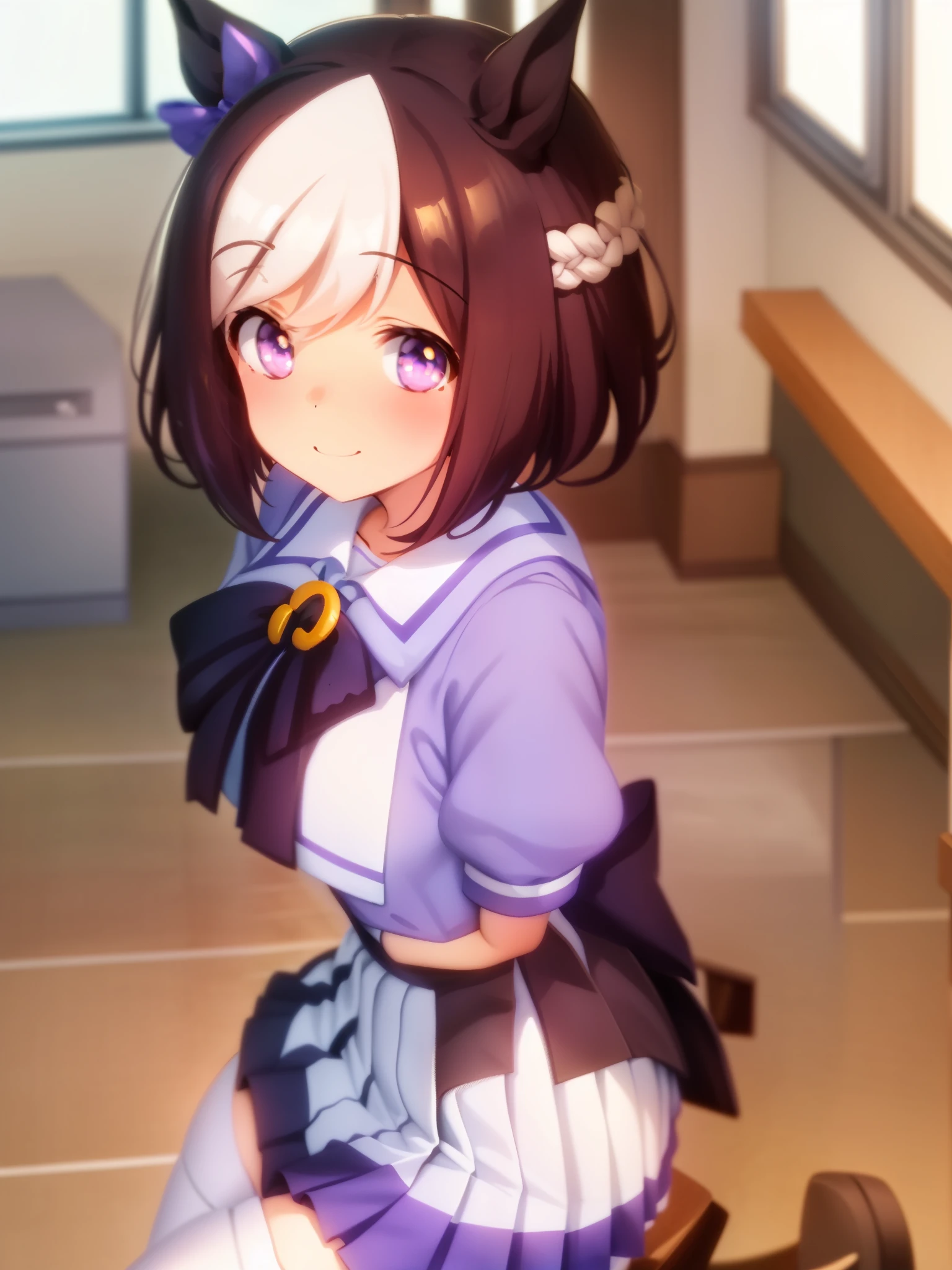 special week_\(Uma Musume\)、summer clothes、pleated skirt、Puff short sleeves、Purple Ribbon、white skirt、sailor color、sailor shirt、Trasen School Uniform、sitting、From above、White Niso、looking at the camera、window、Horse's tail、smile、tilt your head、inside the classroom、School、highest quality