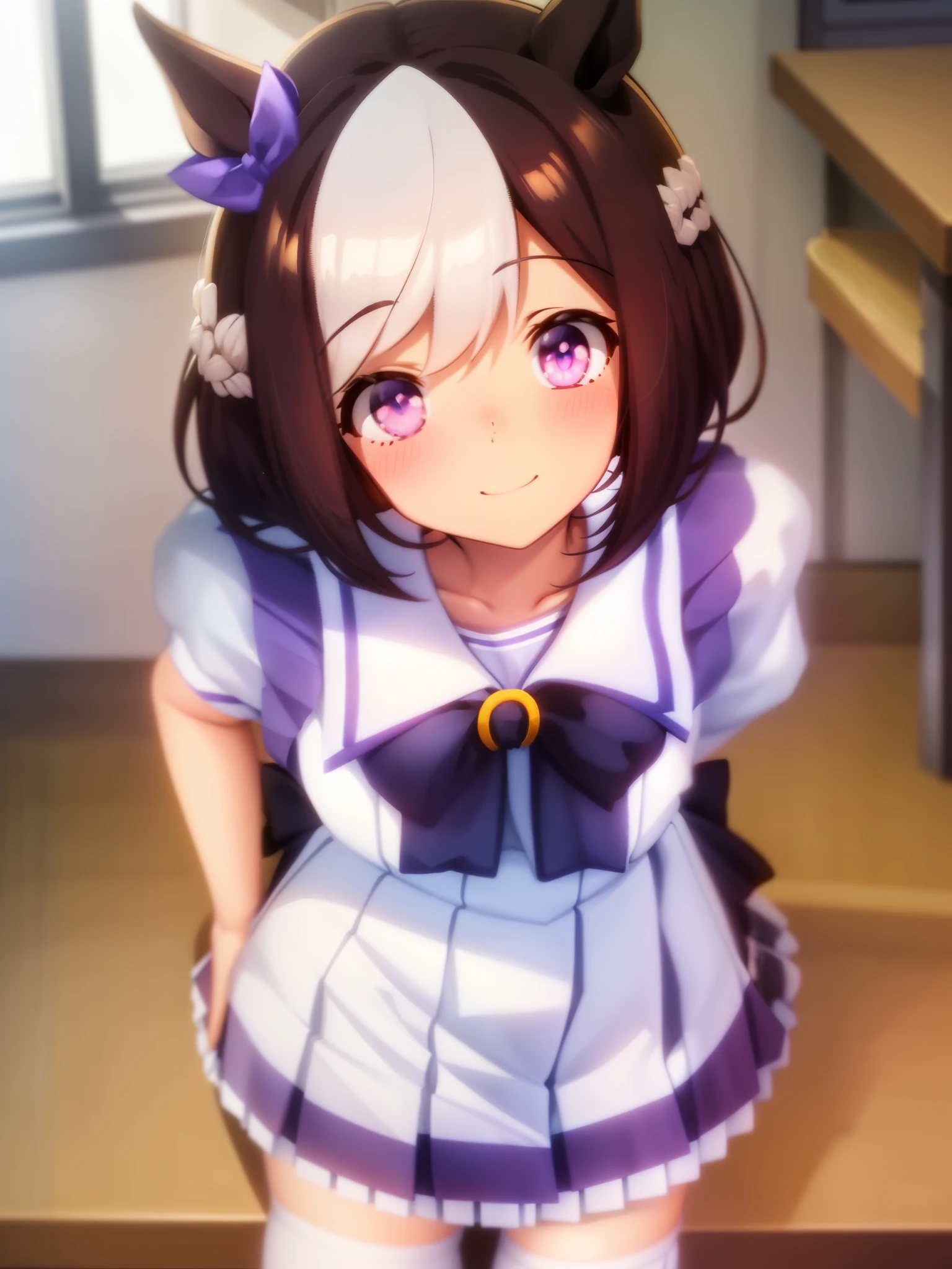 special week_\(Uma Musume\)、summer clothes、pleated skirt、Puff short sleeves、Purple Ribbon、white skirt、sailor color、sailor shirt、Trasen School Uniform、sitting、From above、White Niso、looking at the camera、window、Horse's tail、smile、tilt your head、inside the classroom、School、highest quality