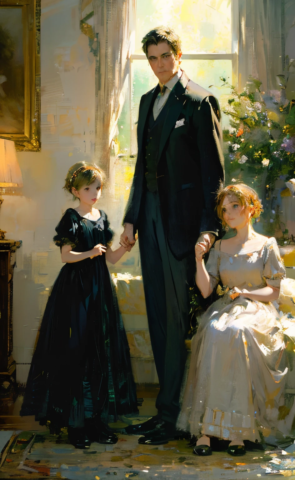 impressionism painting, realistic, family photo, lookinh at camera, moody, cinematic, sparkle, glittering, 3 people