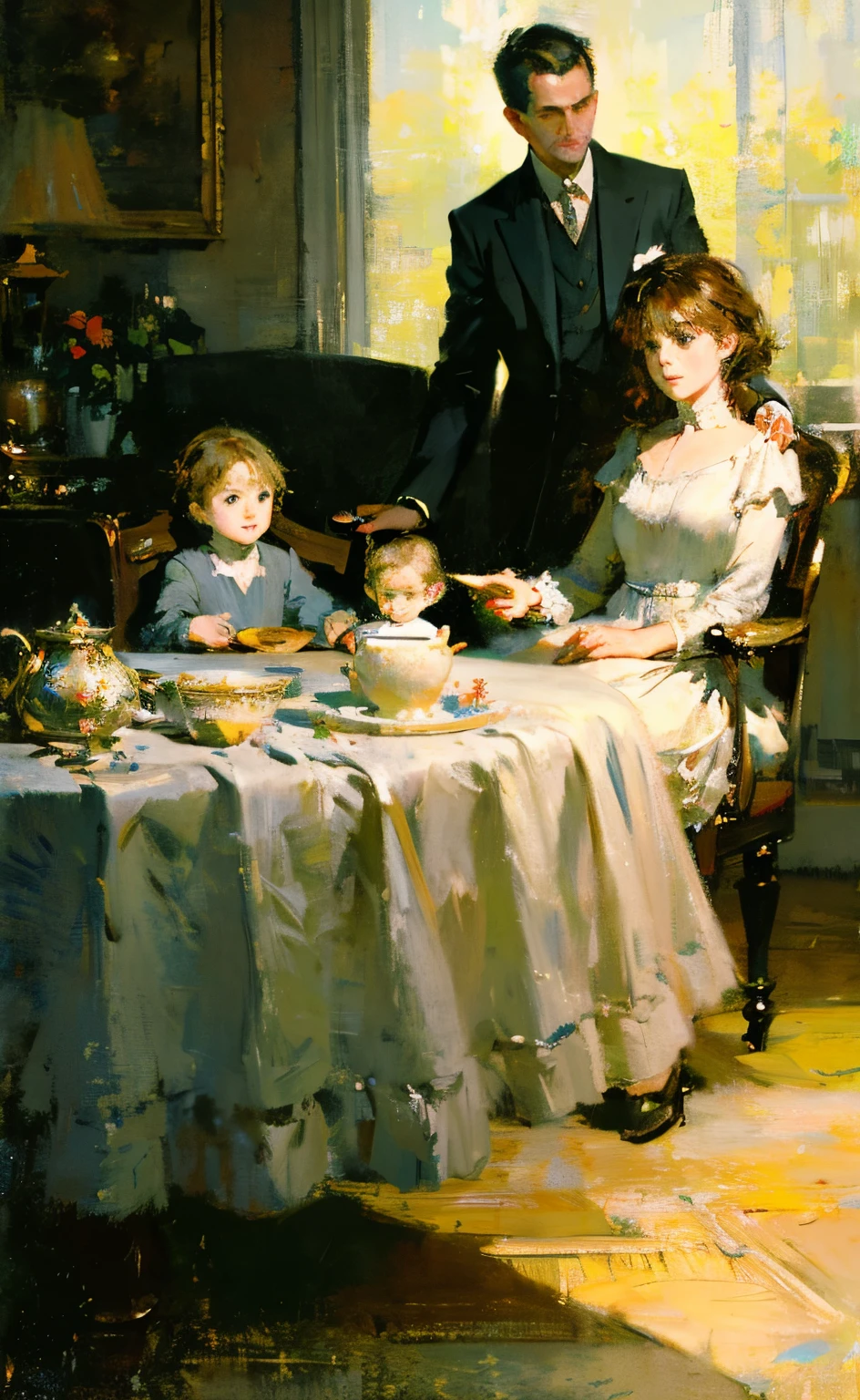 impressionism painting, realistic, family photo, lookinh at camera, moody, cinematic, sparkle, glittering, 3 people